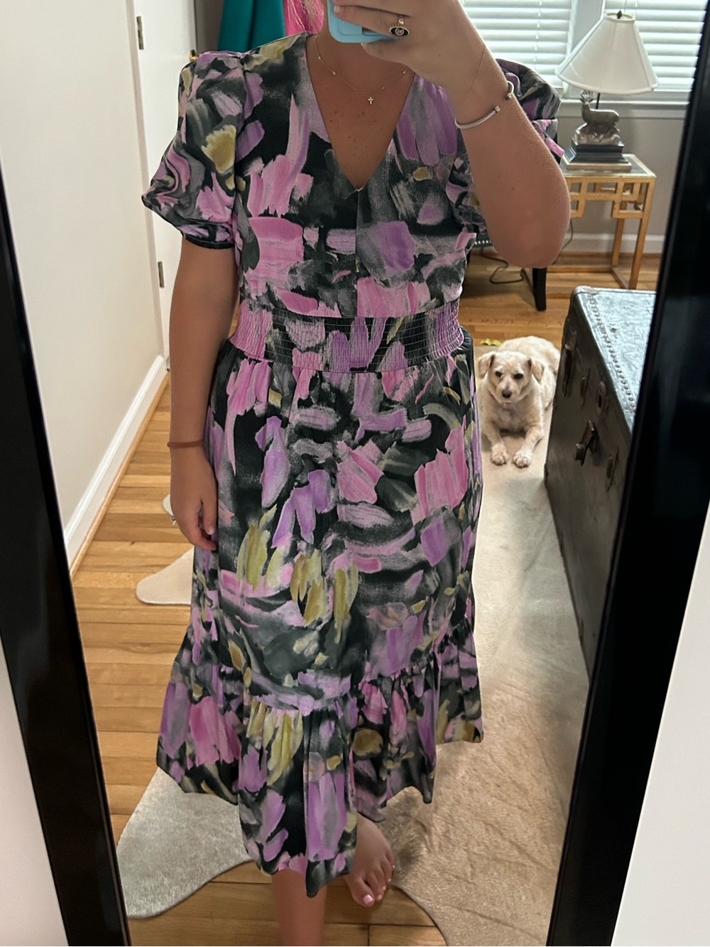 Pinch V-Neck Brushstroke Midi Dress in Pink, Black and Yellow